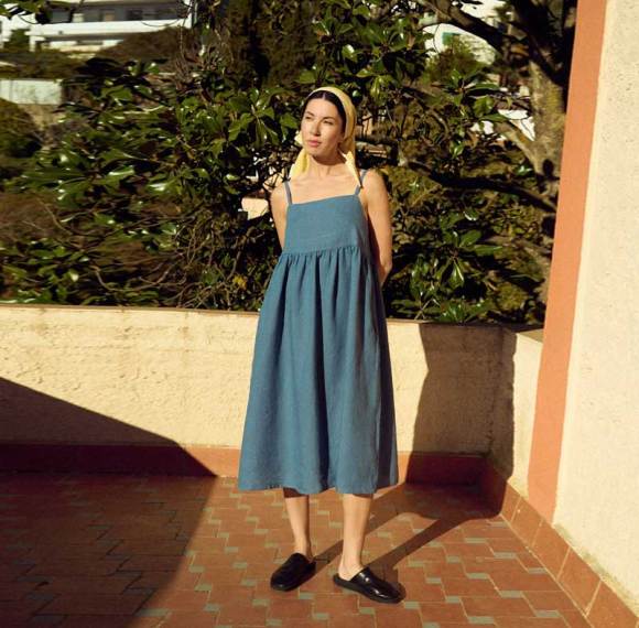 Custom Women's Blue Linen Cami Midi Dress | Square Neck Smocked Waist | Sustainable Resort Wear Manufacturer OEM ODM