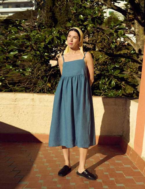 Custom Women's Blue Linen Cami Midi Dress | Square Neck Smocked Waist | Sustainable Resort Wear Manufacturer OEM ODM