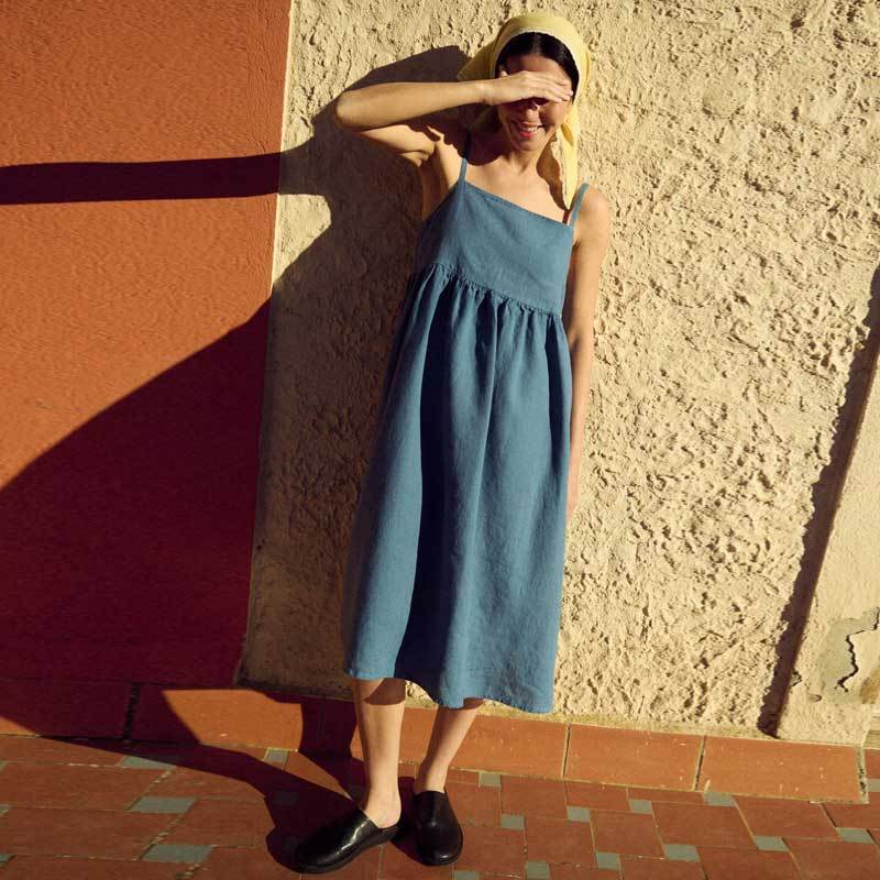 Custom Women's Blue Linen Cami Midi Dress