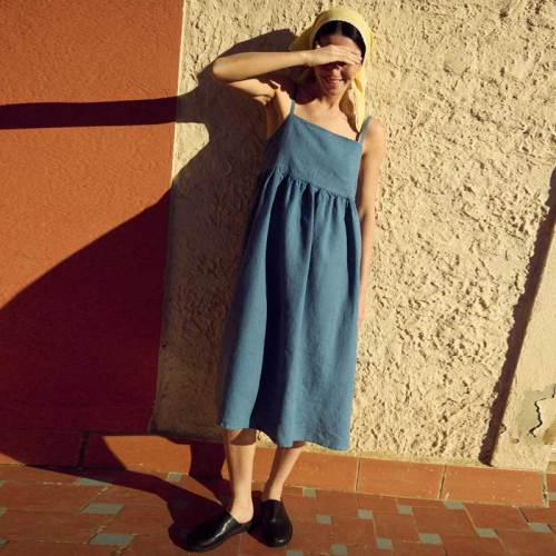 Custom Women's Blue Linen Cami Midi Dress | Square Neck Smocked Waist | Sustainable Resort Wear Manufacturer OEM ODM