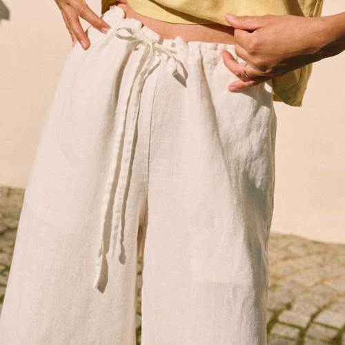 Custom Women's White Linen Wide-Leg Pants | Drawstring Waist Sustainable Trouser Manufacturer OEM ODM