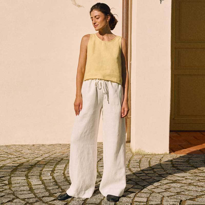 Custom Women's White Linen Wide-Leg Pants 