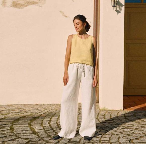 Custom Women's White Linen Wide-Leg Pants | Drawstring Waist Sustainable Trouser Manufacturer OEM ODM