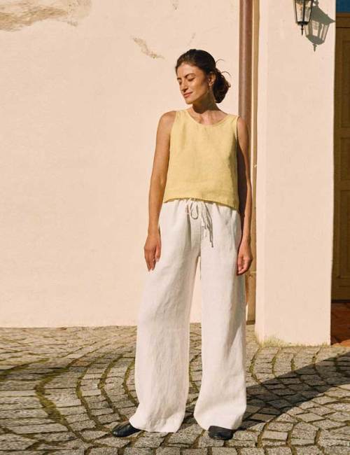 Custom Women's White Linen Wide-Leg Pants | Drawstring Waist Sustainable Trouser Manufacturer OEM ODM