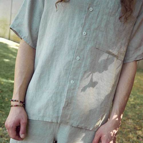 Custom Men's Oversized Linen Short Sleeve Shirt Manufacturer | Sage Green Relaxed Fit Camp Collar Shirt Supplier
