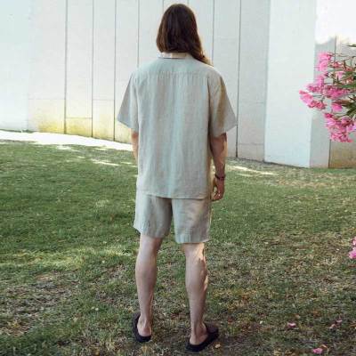 Custom Men's Oversized Linen Short Sleeve Shirt Manufacturer | Sage Green Relaxed Fit Camp Collar Shirt Supplier