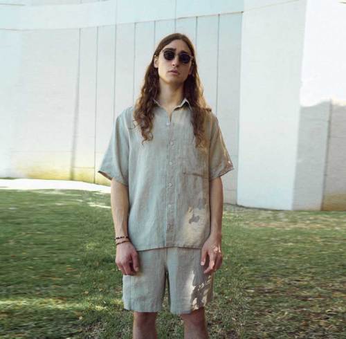 Custom Men's Oversized Linen Short Sleeve Shirt Manufacturer | Sage Green Relaxed Fit Camp Collar Shirt Supplier