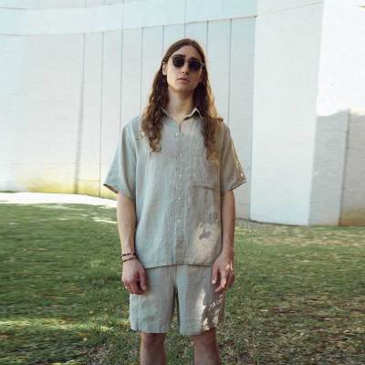 Custom Men's Oversized Linen Short Sleeve Shirt Manufacturer | Sage Green Relaxed Fit Camp Collar Shirt Supplier