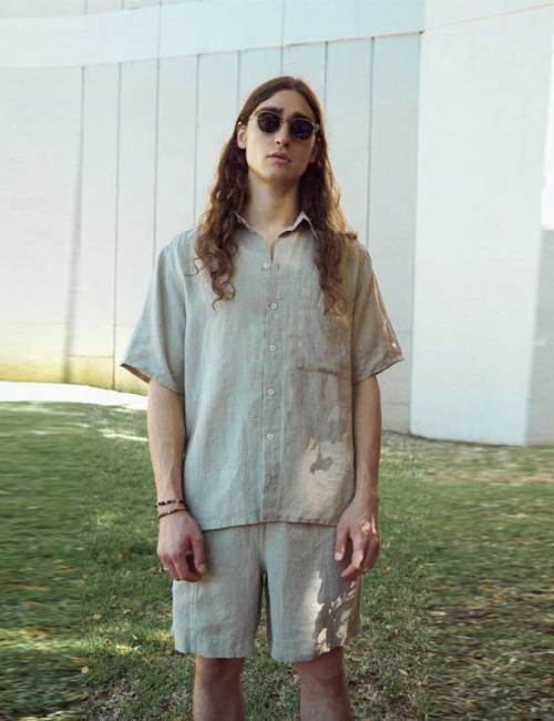 Custom Men's Oversized Linen Short Sleeve Shirt Manufacturer | Sage Green Relaxed Fit Camp Collar Shirt Supplier