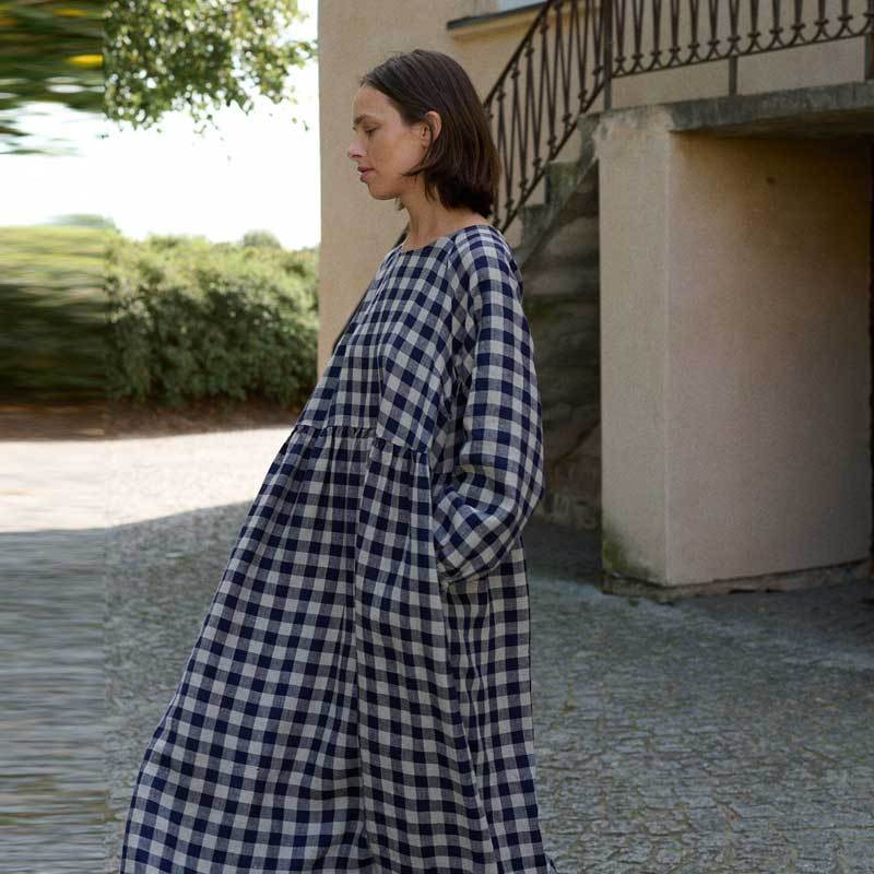 Custom Women's Navy Gingham Linen Maxi Dress Manufacturer