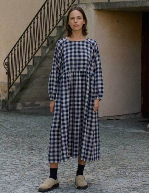 Custom Women's Navy Gingham Linen Maxi Dress Manufacturer | OEKO-TEX Organic Linen Clothing Factory for US & European Boutiques