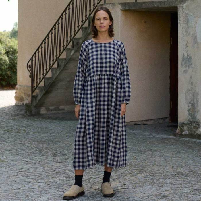 Custom Women's Navy Gingham Linen Maxi Dress Manufacturer | OEKO-TEX Organic Linen Clothing Factory for US & European Boutiques