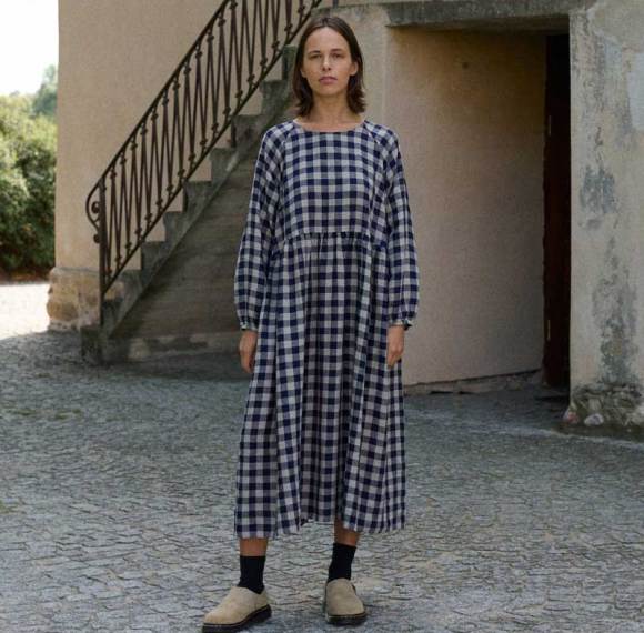 Custom Women's Navy Gingham Linen Maxi Dress Manufacturer | OEKO-TEX Organic Linen Clothing Factory for US & European Boutiques