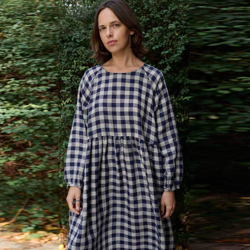 Custom Women's Navy Gingham Linen Maxi Dress Manufacturer