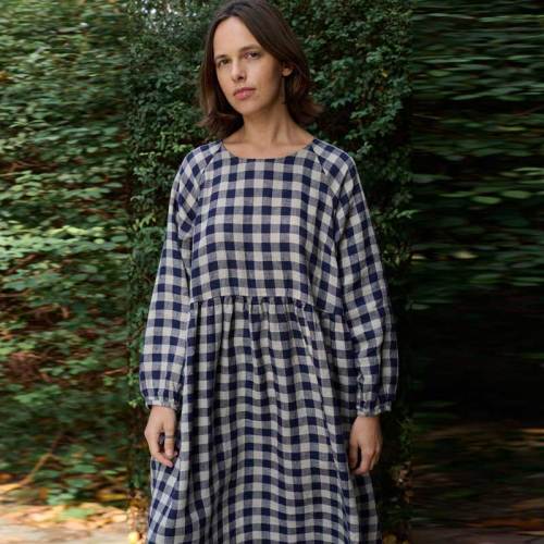 Custom Women's Navy Gingham Linen Maxi Dress Manufacturer | OEKO-TEX Organic Linen Clothing Factory for US & European Boutiques