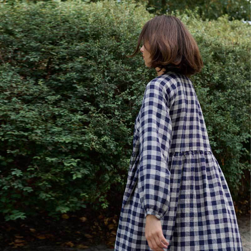 Custom Women's Navy Gingham Linen Maxi Dress Manufacturer