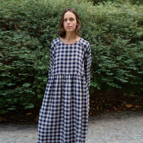 Custom Women's Navy Gingham Linen Maxi Dress Manufacturer | OEKO-TEX Organic Linen Clothing Factory for US & European Boutiques