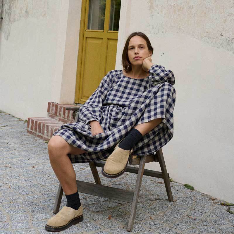 Custom Women's Navy Gingham Linen Maxi Dress Manufacturer