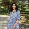 Custom Women's Blue Gingham Linen Dress Manufacturer | OEM Oversized Puff Sleeve Summer Dress Factory for US & European Brands