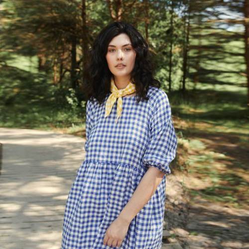 Custom Women's Blue Gingham Linen Dress Manufacturer | OEM Oversized Puff Sleeve Summer Dress Factory for US & European Brands