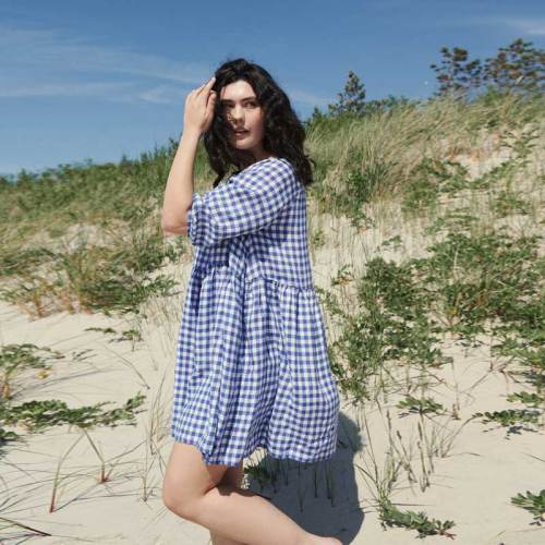 Custom Women's Blue Gingham Linen Dress Manufacturer | OEM Oversized Puff Sleeve Summer Dress Factory for US & European Brands
