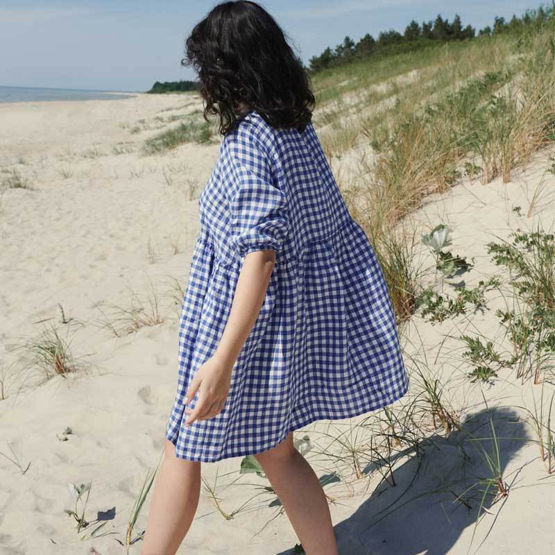 Custom Women's Blue Gingham Linen Dress Manufacturer