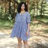 Custom Women's Blue Gingham Linen Dress Manufacturer | OEM Oversized Puff Sleeve Summer Dress Factory for US & European Brands