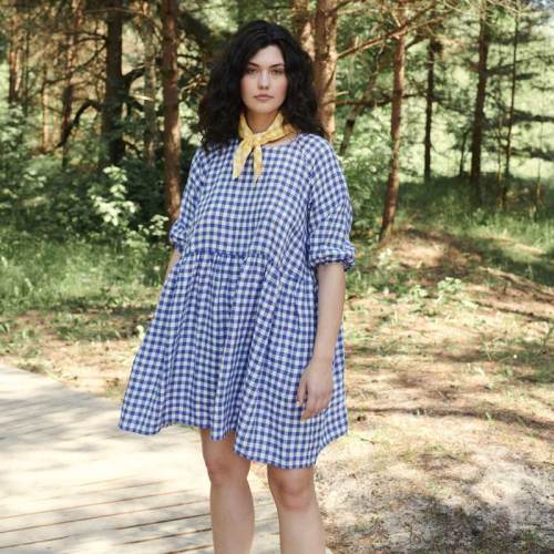 Custom Women's Blue Gingham Linen Dress Manufacturer | OEM Oversized Puff Sleeve Summer Dress Factory for US & European Brands