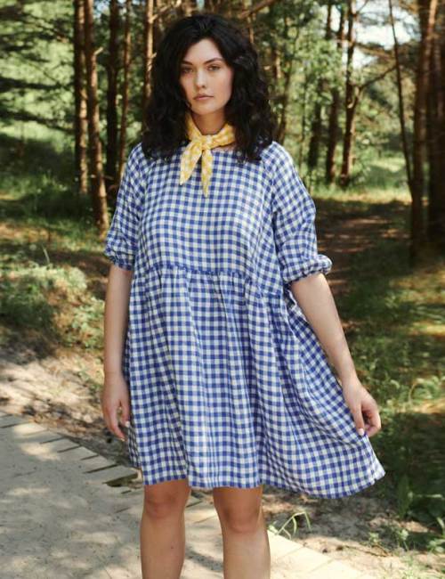 Custom Women's Blue Gingham Linen Dress Manufacturer | OEM Oversized Puff Sleeve Summer Dress Factory for US & European Brands