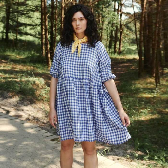 Custom Women's Blue Gingham Linen Dress Manufacturer | OEM Oversized Puff Sleeve Summer Dress Factory for US & European Brands