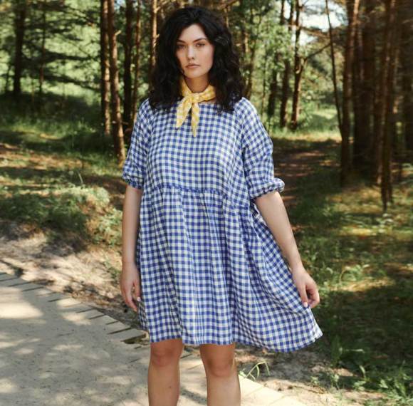 Custom Women's Blue Gingham Linen Dress Manufacturer | OEM Oversized Puff Sleeve Summer Dress Factory for US & European Brands
