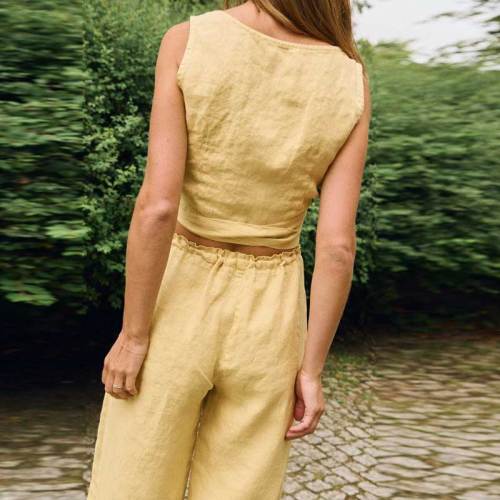 Custom Women's Yellow Linen Wide-Leg Pants | High-Waisted Tie-Waist Trousers Manufacturer & Factory