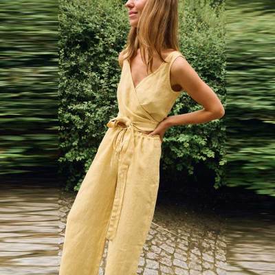 Custom Women's Yellow Linen Wide-Leg Pants | High-Waisted Tie-Waist Trousers Manufacturer & Factory