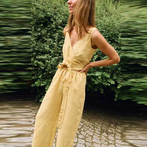 Custom Women's Yellow Linen Wide-Leg Pants | High-Waisted Tie-Waist Trousers Manufacturer & Factory