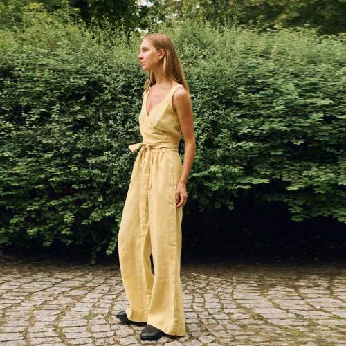 Custom Women's Yellow Linen Wide-Leg Pants | High-Waisted Tie-Waist Trousers Manufacturer & Factory