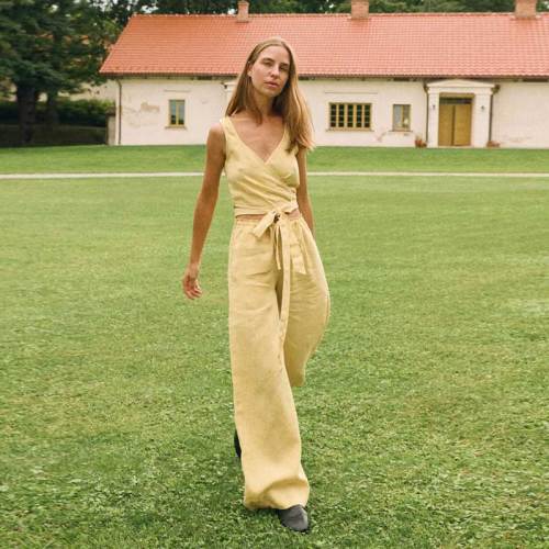 Custom Women's Yellow Linen Wide-Leg Pants | High-Waisted Tie-Waist Trousers Manufacturer & Factory