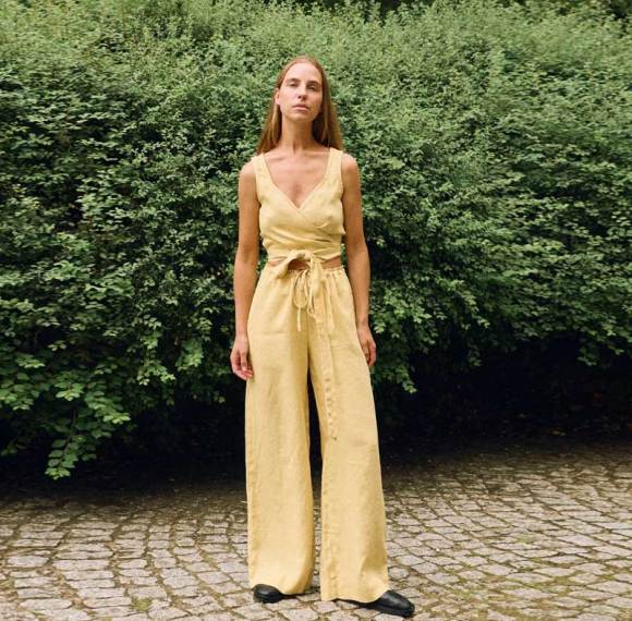 Custom Women's Yellow Linen Wide-Leg Pants | High-Waisted Tie-Waist Trousers Manufacturer & Factory