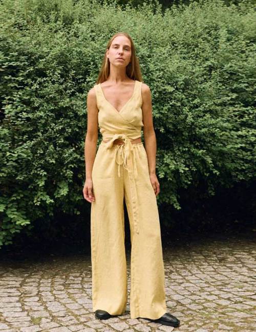 Custom Women's Yellow Linen Wide-Leg Pants | High-Waisted Tie-Waist Trousers Manufacturer & Factory