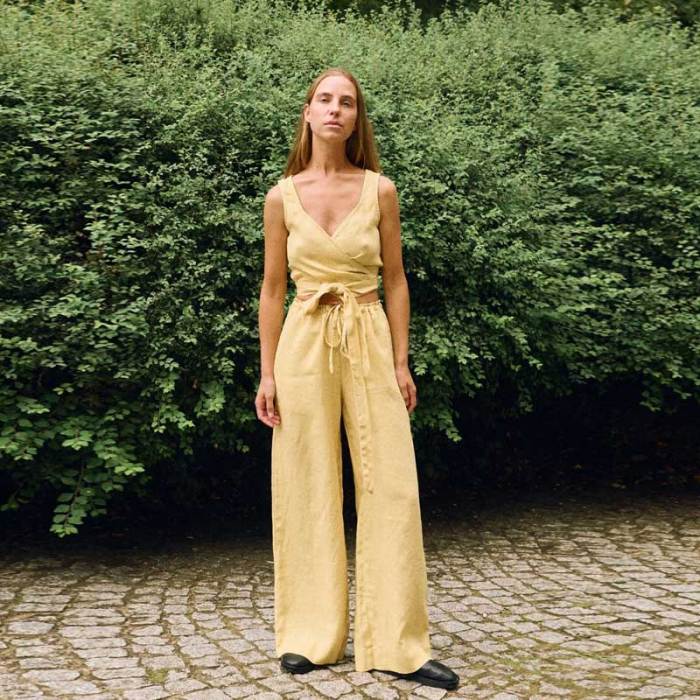 Custom Women's Yellow Linen Wide-Leg Pants | High-Waisted Tie-Waist Trousers Manufacturer & Factory