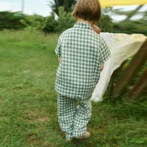 Custom Kids Linen Pajama Set | Green Gingham Children's Loungewear Manufacturer OEM ODM