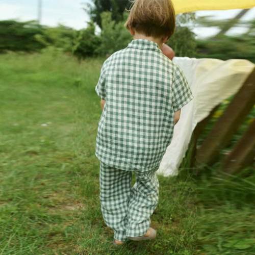 Custom Kids Linen Pajama Set | Green Gingham Children's Loungewear Manufacturer OEM ODM
