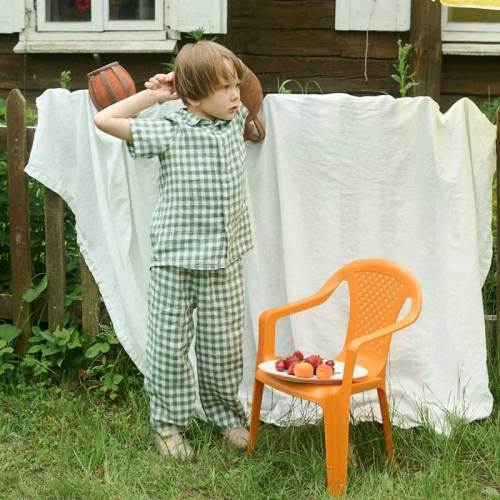 Custom Kids Linen Pajama Set | Green Gingham Children's Loungewear Manufacturer OEM ODM