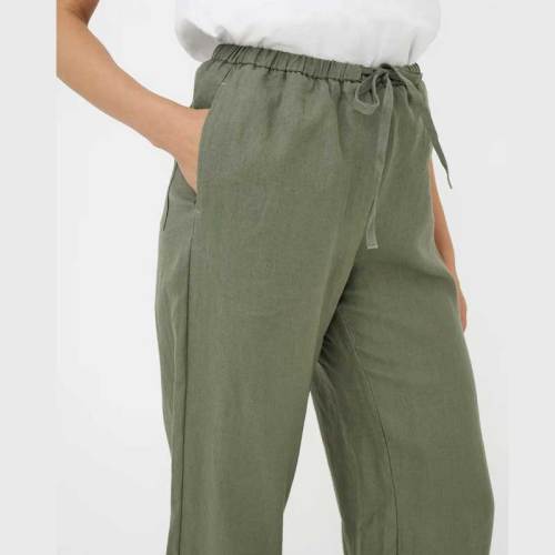 Custom Women's Olive Linen Wide-Leg Pants | Organic Drawstring Cropped Trousers Manufacturer & Factory