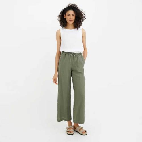 Custom Women's Olive Linen Wide-Leg Pants | Organic Drawstring Cropped Trousers Manufacturer & Factory