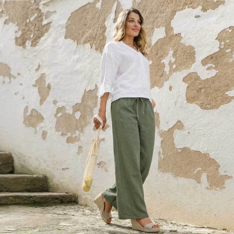 Custom Women's Olive Linen Wide-Leg Pants