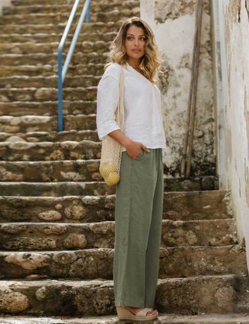 Custom Women's Olive Linen Wide-Leg Pants | Organic Drawstring Cropped Trousers Manufacturer & Factory