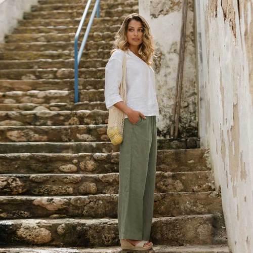 Custom Women's Olive Linen Wide-Leg Pants | Organic Drawstring Cropped Trousers Manufacturer & Factory