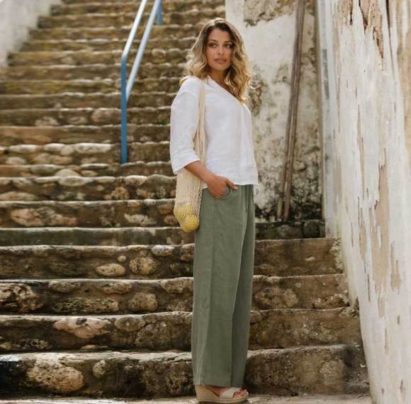 Custom Women's Olive Linen Wide-Leg Pants | Organic Drawstring Cropped Trousers Manufacturer & Factory