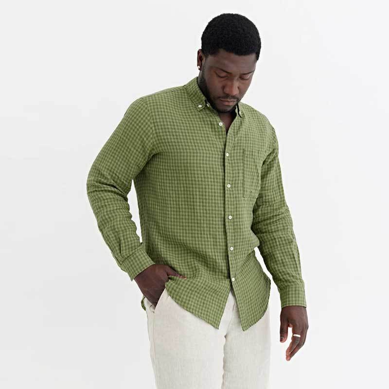 Custom Men's Green Gingham Linen Shirt Manufacturer