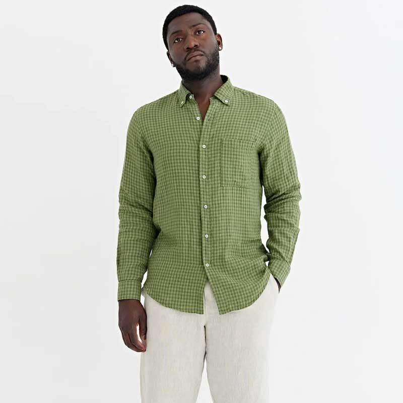 Custom Men's Green Gingham Linen Shirt Manufacturer